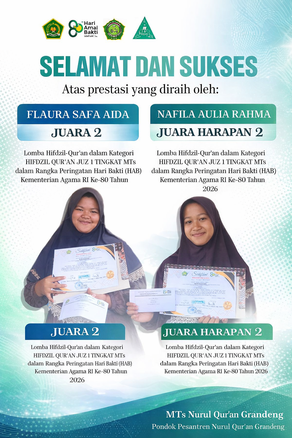 DUA SISWA MTs NURUL QUR’AN GRANDENG MERAIH PRESTASI